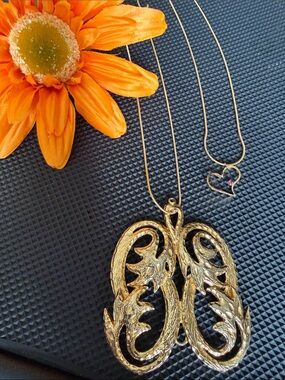 Gold Filigree Butterfly Pendant Necklace & Heart Shaped Pendant w/accent Crystal